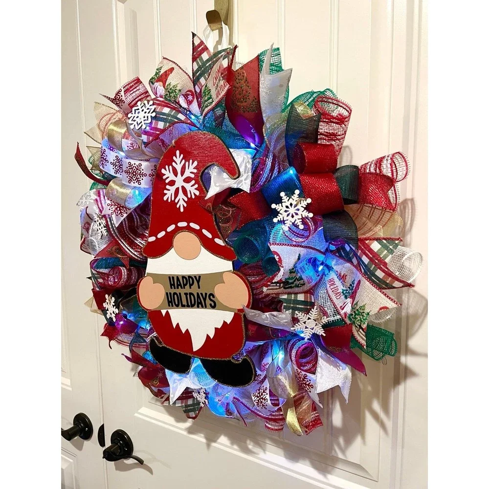 Christmas Snowflake Gnome Holiday Ribbon Door Wreath Handmade 22 ins LED W7